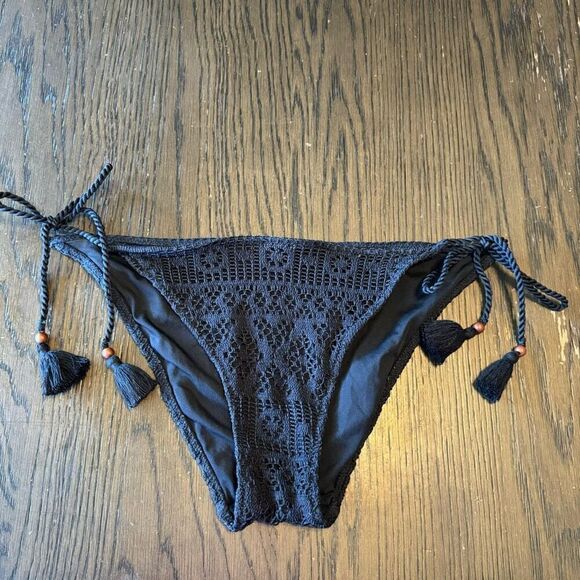 Victorias Secret Black Crocheted Side Tie Beaded Cheeky Swim Bikini Bottom Large - Picture 2 of 6
